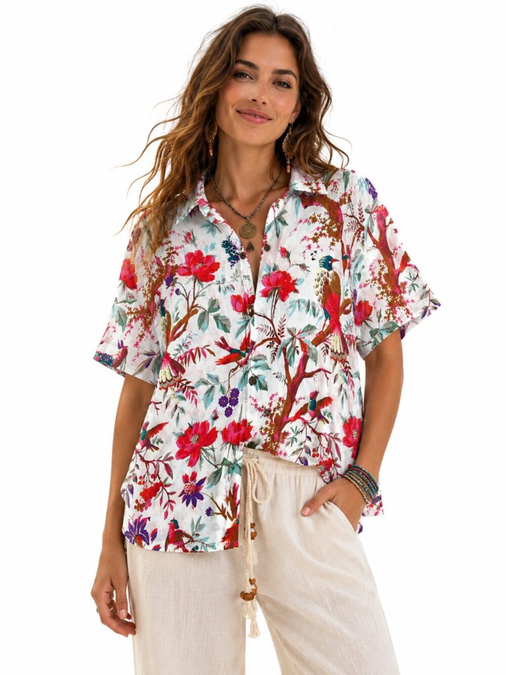 Birds of Paradise Floral Cotton Shirt Made in Canada Boho Resort